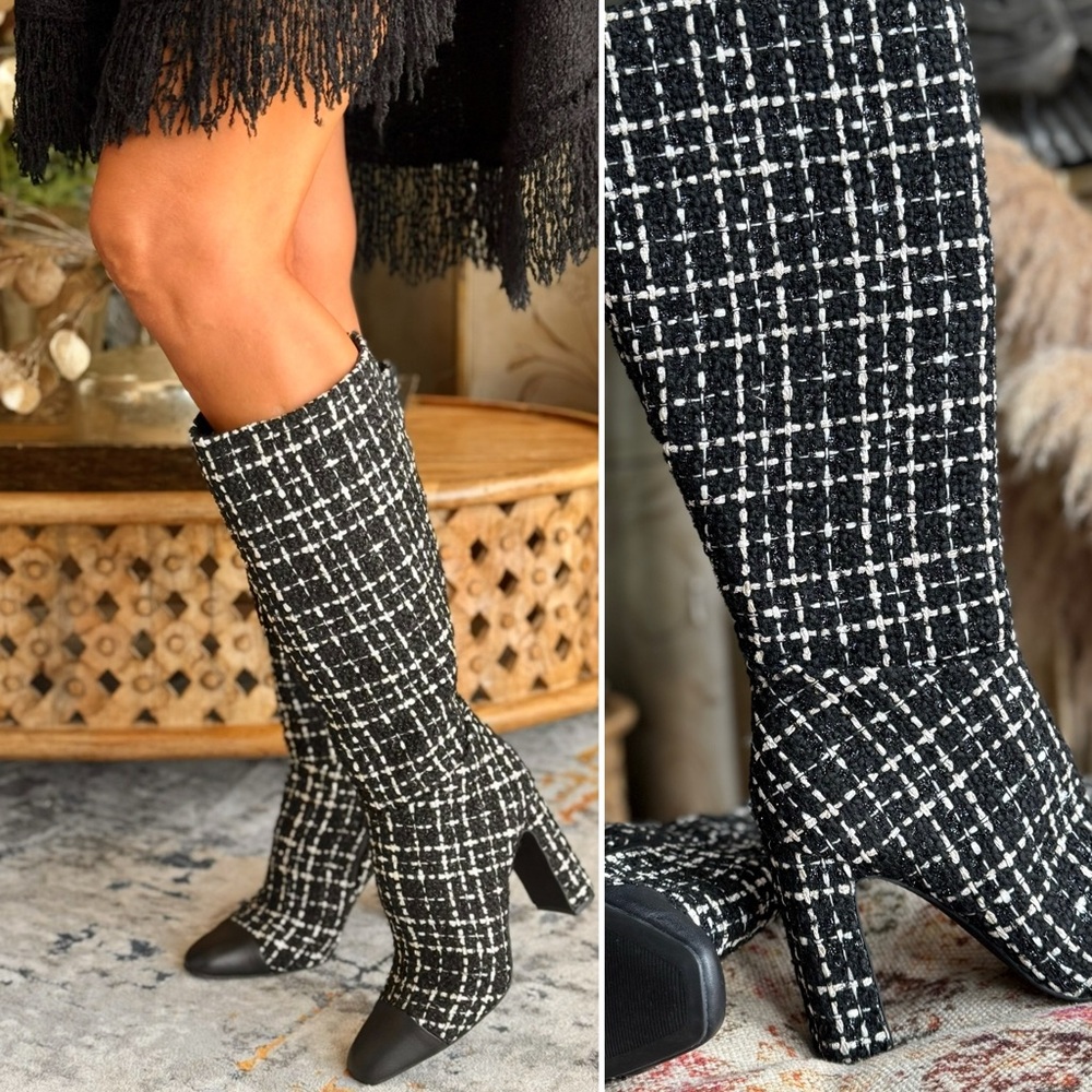 Steve Madden Ally Black White Tweed Knee-High Boots classy comfortable boots